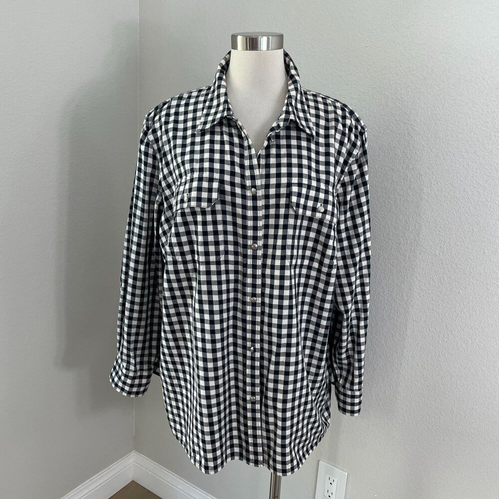 Chaps Womens Plus 3X Black White Gingham Long Sleeve Button Up Shirt‎ Pocket Top